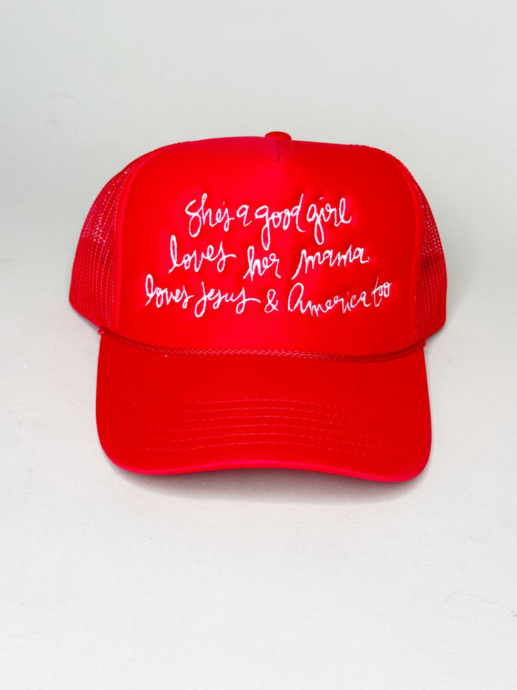 Shes a Good Girl Trucker Hat: Red/white/Blue-Red thread