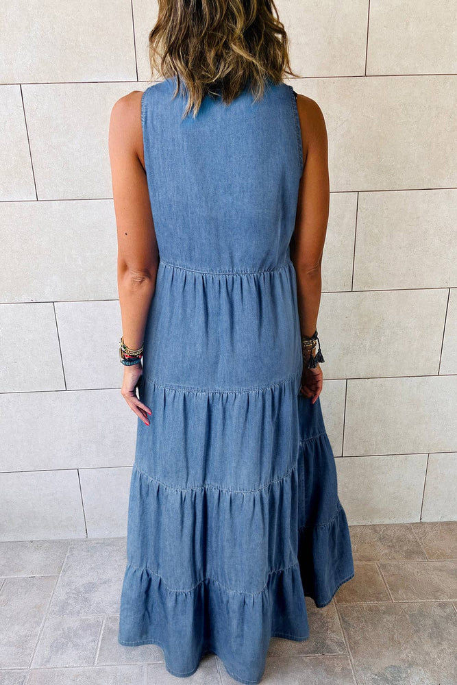 Chambray Sleeveless Tiered Maxi Dress: Blue / M