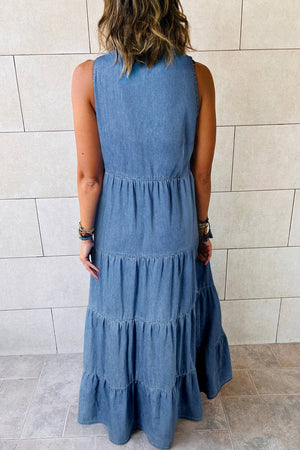 Chambray Sleeveless Tiered Maxi Dress: Blue / M