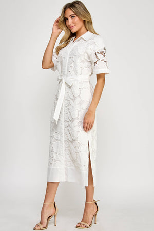 TD-10177-6 LACE MIDI SHIRT DRESS OFF WHITE: S