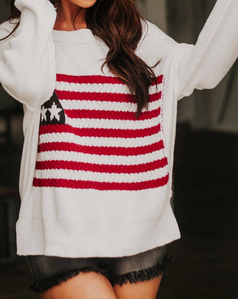 American Flag Cable Knit Sweater: White / L