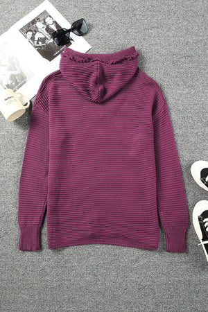 Ribbed Raw Edge Hooded Sweater: Red / S