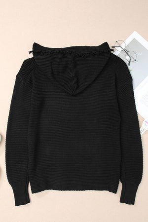 Ribbed Raw Edge Hooded Sweater: Red / S
