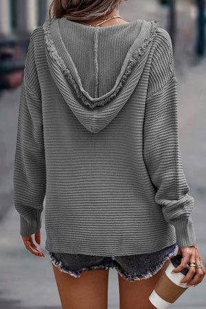 Ribbed Raw Edge Hooded Sweater: Red / S