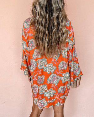 Floral Buttoned Shirt Mini Dress: Red / L
