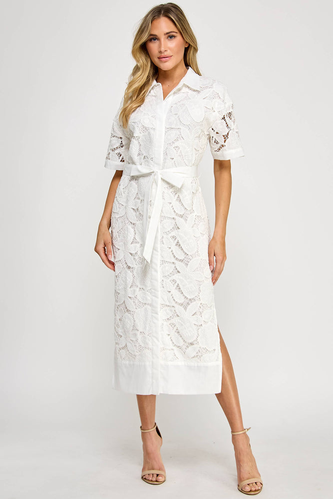 TD-10177-6 LACE MIDI SHIRT DRESS OFF WHITE: S