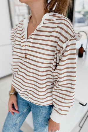 Stripe Ruffle Sleeve Buttoned Top: Brown / S / 95%Polyester+5%Elastane