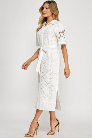 TD-10177-6 LACE MIDI SHIRT DRESS OFF WHITE: M