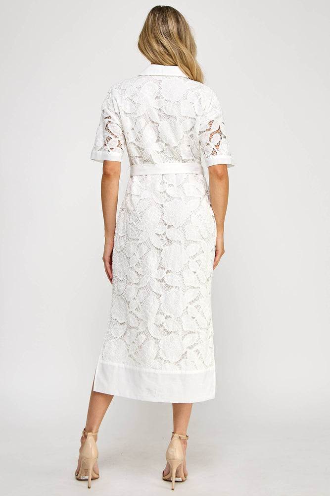 TD-10177-6 LACE MIDI SHIRT DRESS OFF WHITE: S