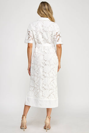 TD-10177-6 LACE MIDI SHIRT DRESS OFF WHITE: S