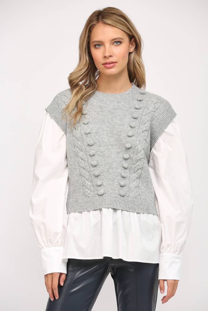 POM POM DETAIL TWOFER SWEATER FW15227: H.GREY / M