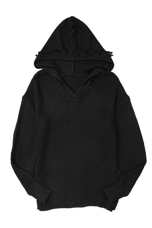 Ribbed Raw Edge Hooded Sweater: Red / S