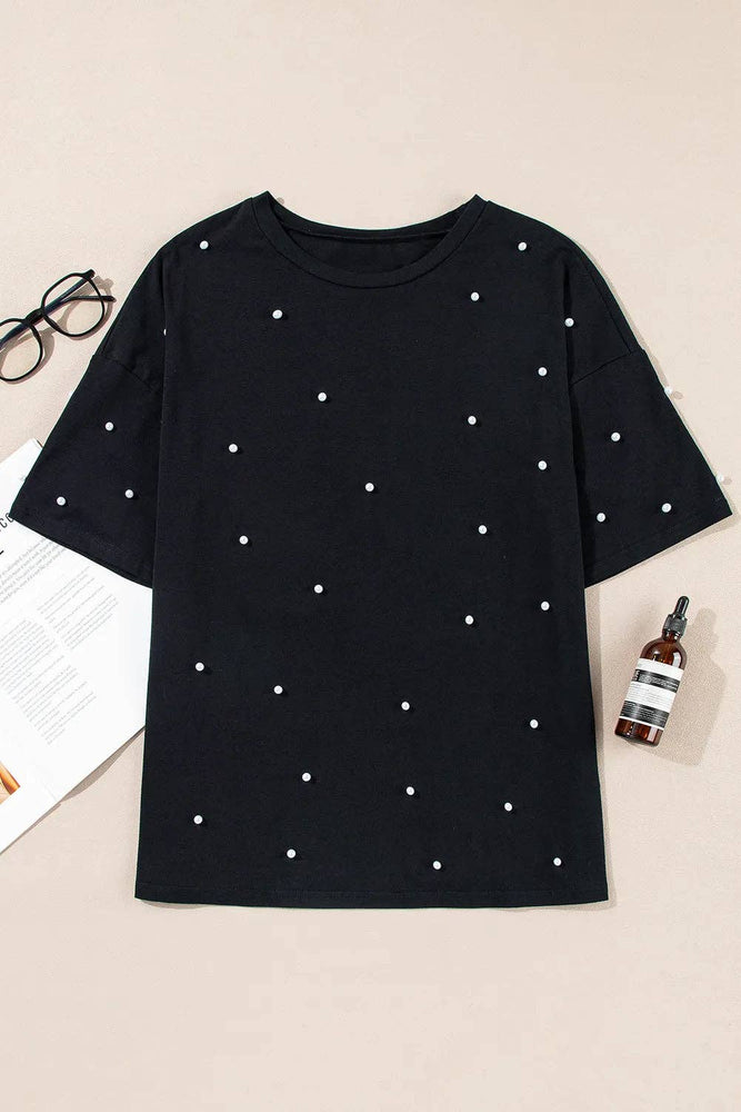 Pearl Drop Shoulder Crewneck T-Shirt: Black / L