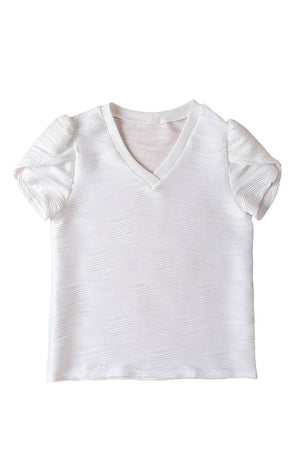 Textured V-Neck Short Sleeve Top: White / S