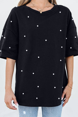 Pearl Drop Shoulder Crewneck T-Shirt: Black / XL