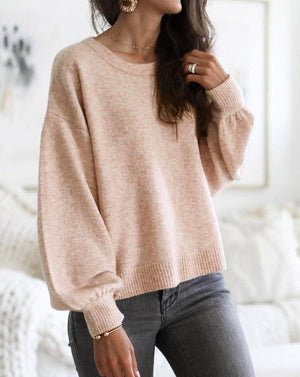 Ribbed Trim Balloon Sleeve Sweater: Pink / XL