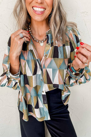Geometric Buttoned Balloon Sleeve Shirt: Green / L