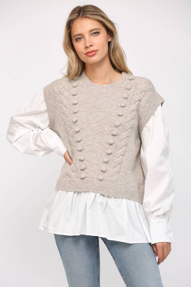 POM POM DETAIL TWOFER SWEATER FW15227: H.GREY / M