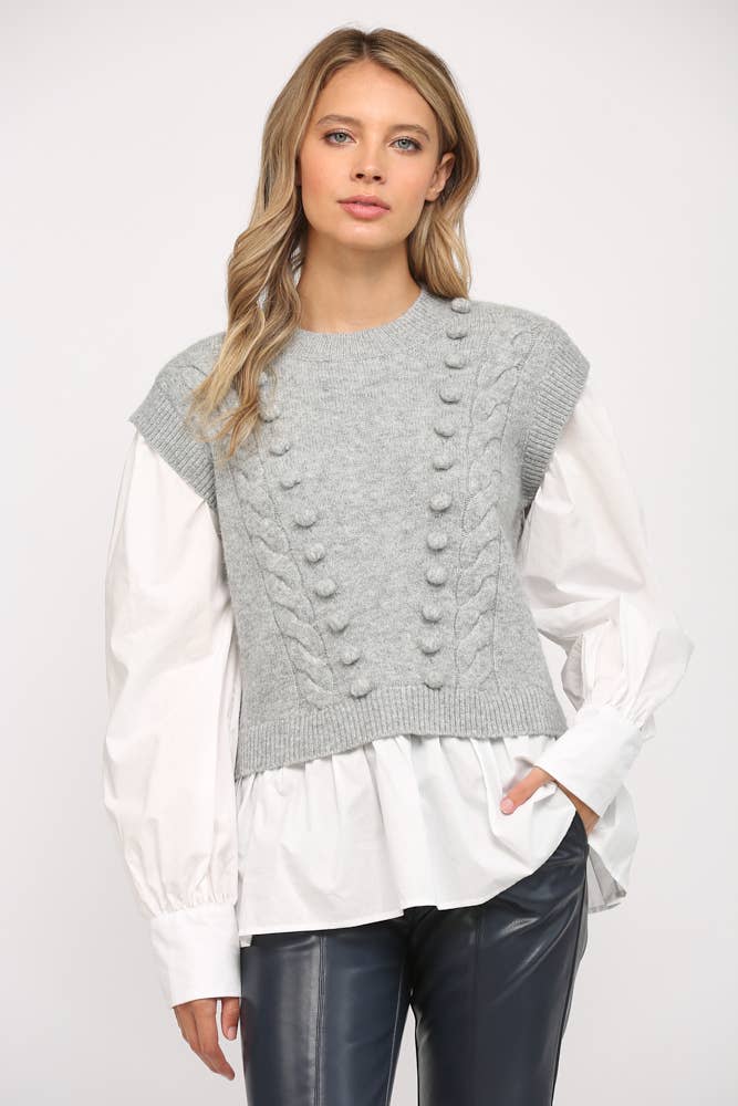 POM POM DETAIL TWOFER SWEATER FW15227: H.GREY / M