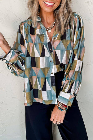 Geometric Buttoned Balloon Sleeve Shirt: Green / L