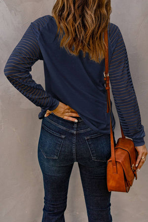 Sheer Stripe Long Sleeve V-Neck Top: Blue / M