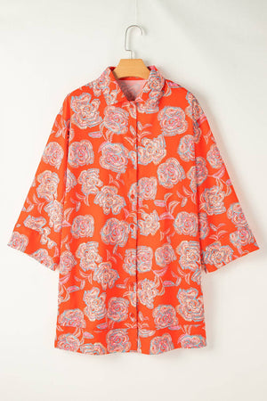 Floral Buttoned Shirt Mini Dress: Red / L