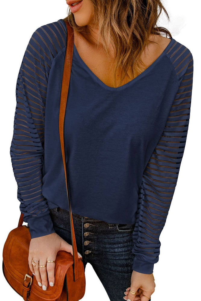 Sheer Stripe Long Sleeve V-Neck Top: Blue / M
