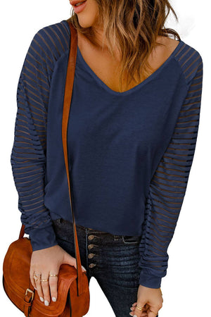 Sheer Stripe Long Sleeve V-Neck Top: Blue / M