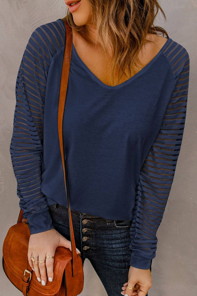 Sheer Stripe Long Sleeve V-Neck Top: Blue / M