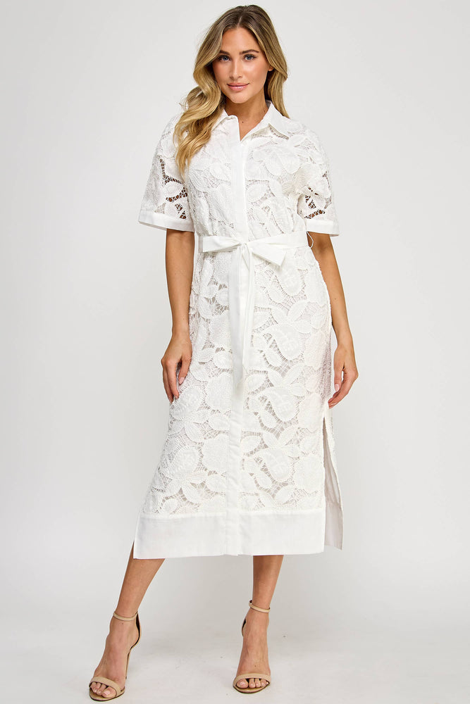TD-10177-6 LACE MIDI SHIRT DRESS OFF WHITE: S