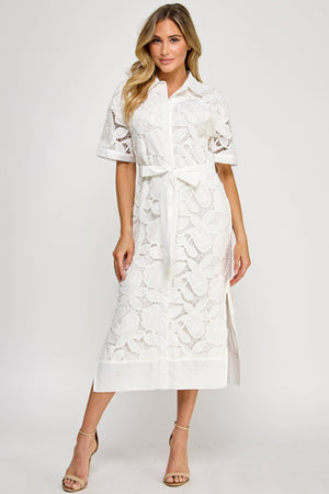 TD-10177-6 LACE MIDI SHIRT DRESS OFF WHITE: M