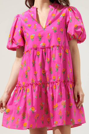 Tune Floral Jeanne Bubble Sleeve Babydoll Dress: FUCHSIA-ORANGE-MULTI / L