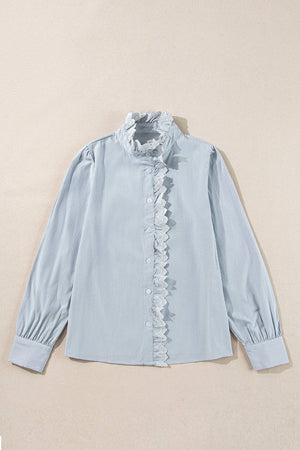 Stripe Lace Trim Buttoned Shirt: Sky Blue Stripe / L