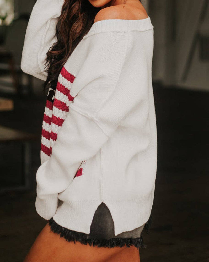 American Flag Cable Knit Sweater: White / L