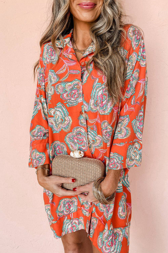 Floral Buttoned Shirt Mini Dress: Red / L
