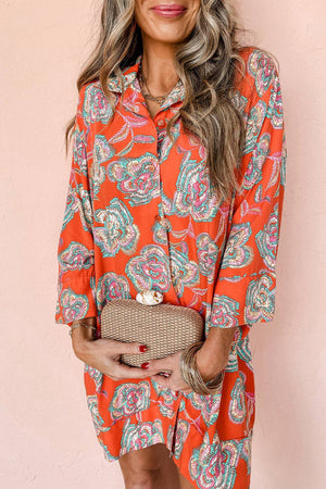 Floral Buttoned Shirt Mini Dress: Red / L