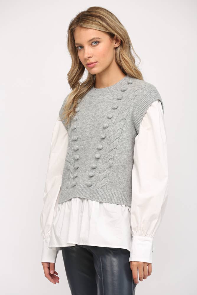 POM POM DETAIL TWOFER SWEATER FW15227: H.GREY / S