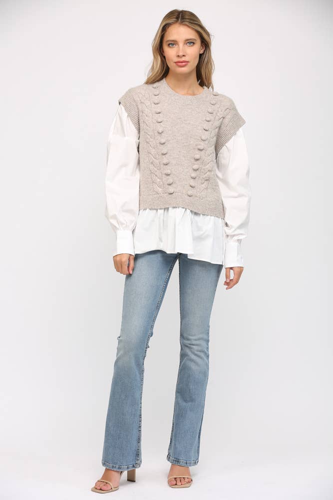 POM POM DETAIL TWOFER SWEATER FW15227: H.GREY / M