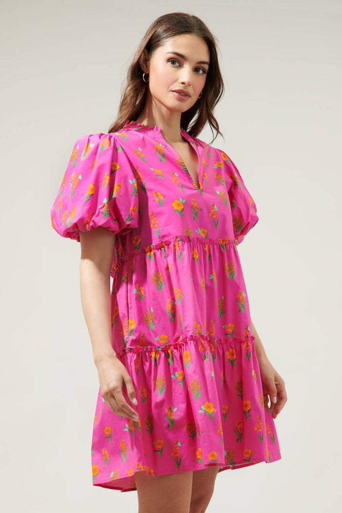 Tune Floral Jeanne Bubble Sleeve Babydoll Dress: FUCHSIA-ORANGE-MULTI / L