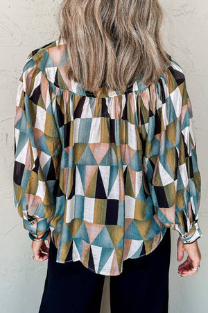 Geometric Buttoned Balloon Sleeve Shirt: Green / L