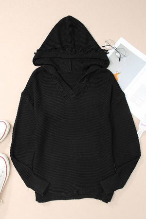 Ribbed Raw Edge Hooded Sweater: Red / S