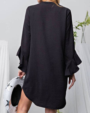Pleated Ruffle 3/4 Sleeve Dress: M / Black