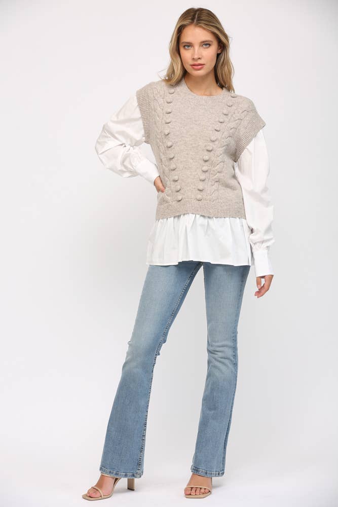 POM POM DETAIL TWOFER SWEATER FW15227: H.GREY / S