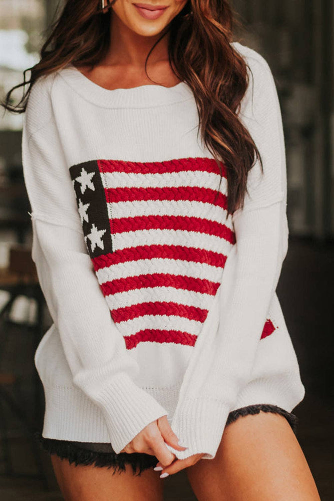 American Flag Cable Knit Sweater: White / L