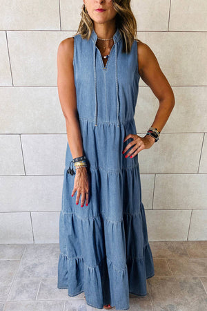 Chambray Sleeveless Tiered Maxi Dress: Blue / M