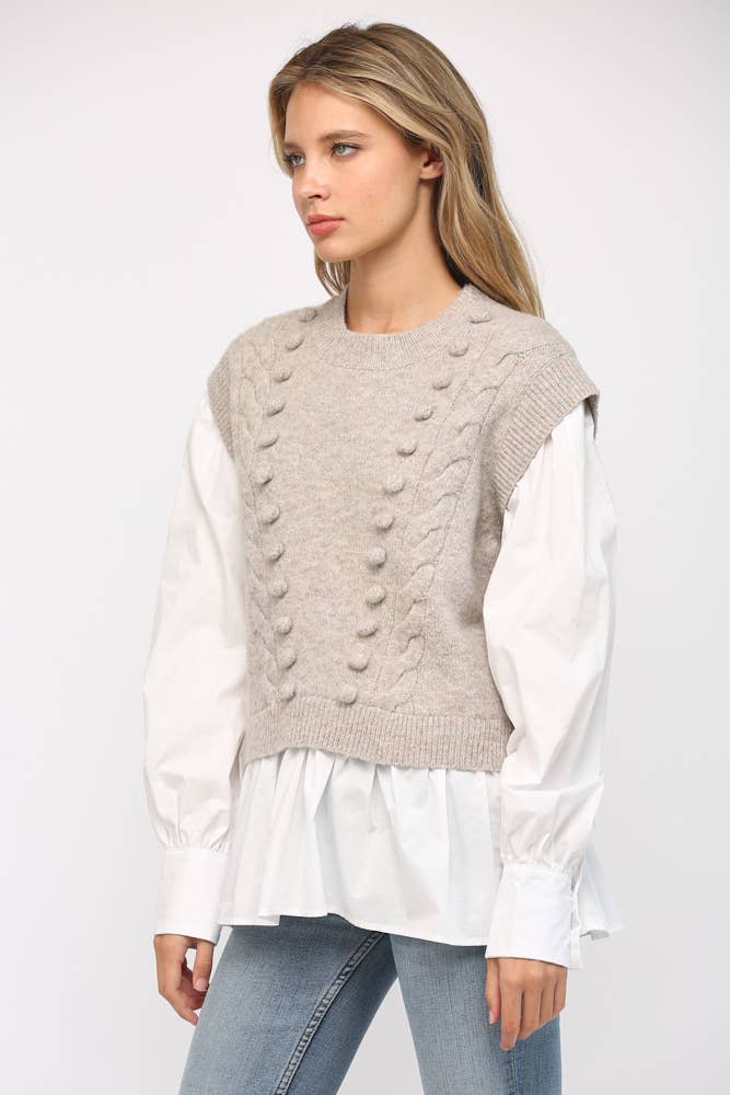 POM POM DETAIL TWOFER SWEATER FW15227: H.GREY / M