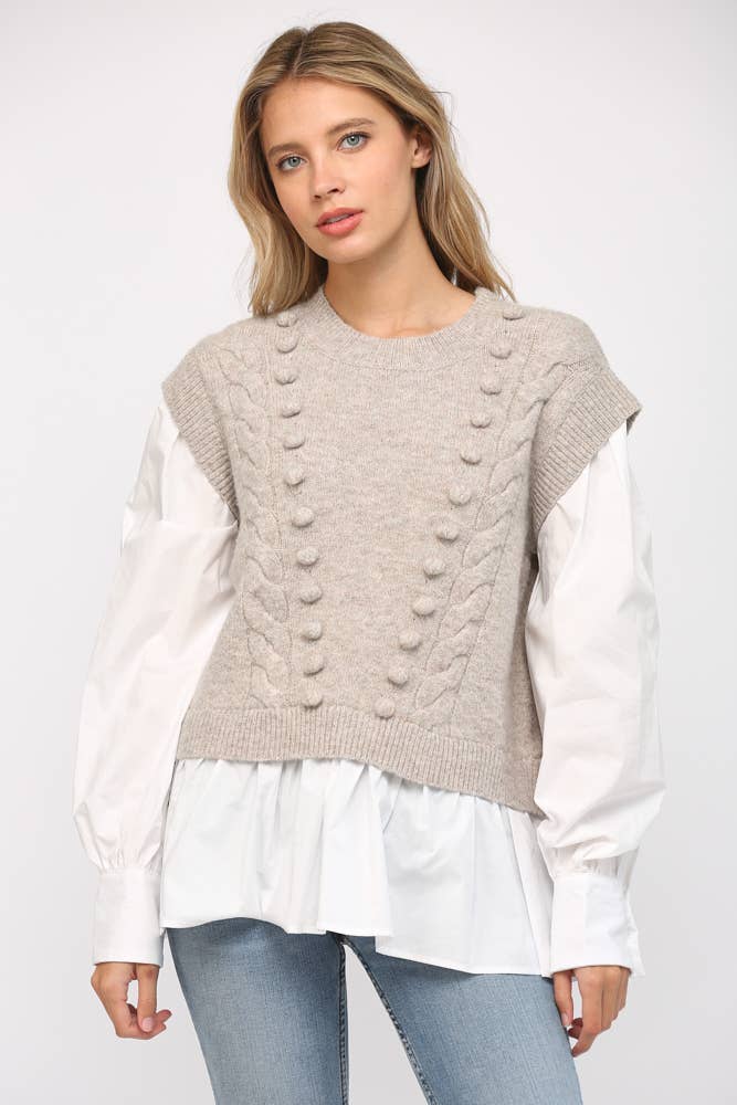 POM POM DETAIL TWOFER SWEATER FW15227: H.GREY / L