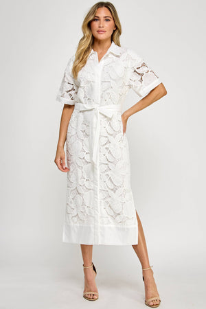 TD-10177-6 LACE MIDI SHIRT DRESS OFF WHITE: S