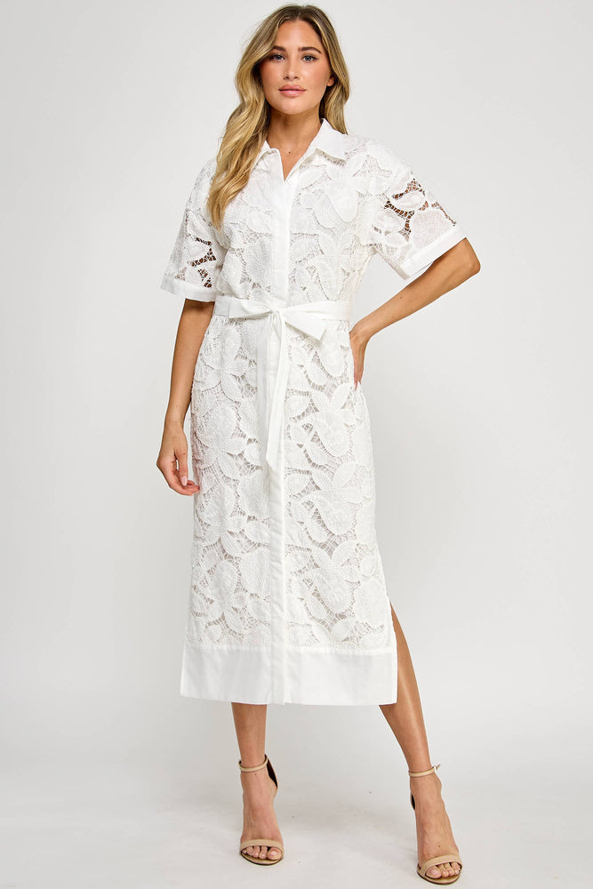 TD-10177-6 LACE MIDI SHIRT DRESS OFF WHITE: M