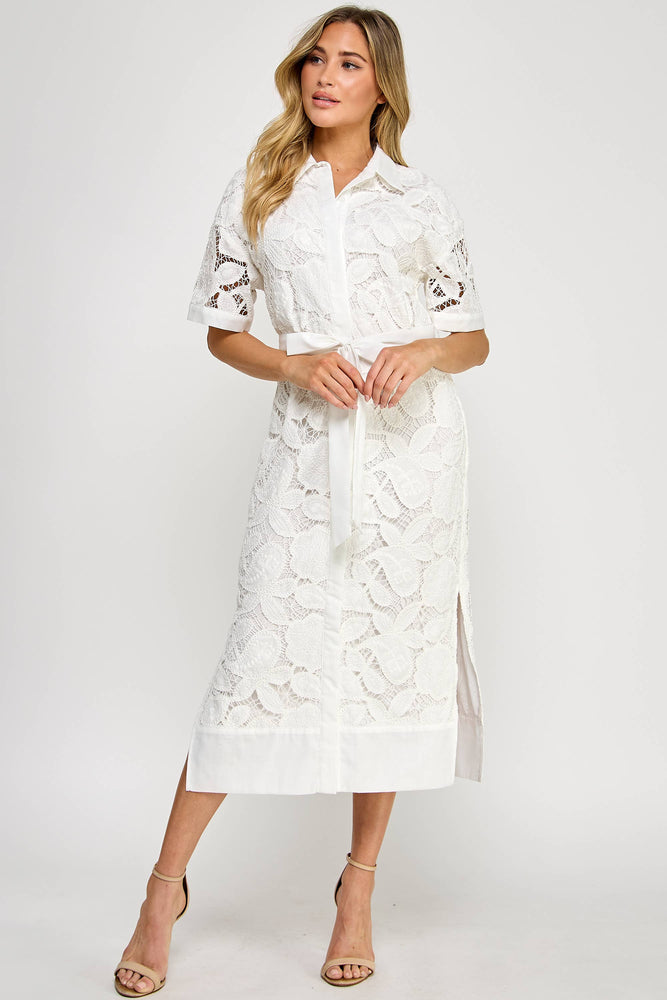 TD-10177-6 LACE MIDI SHIRT DRESS OFF WHITE: S